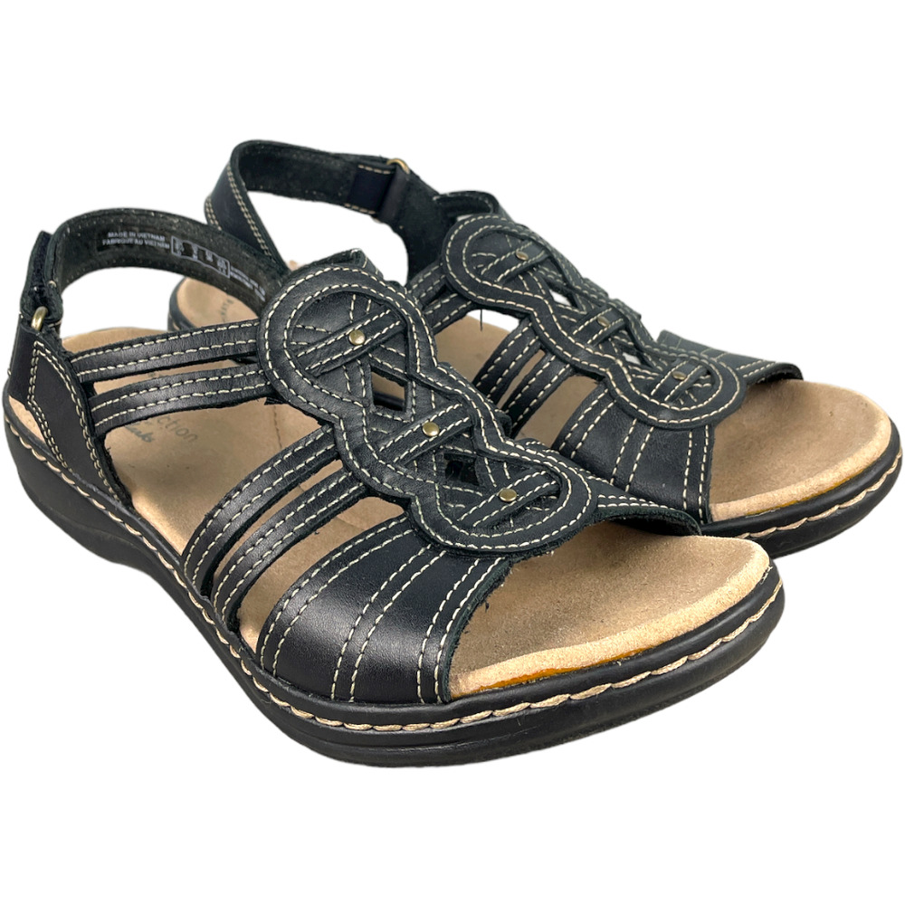 Clarks Collection Women's Leisa Janna Sandal Black Leather Ortholite Size 6